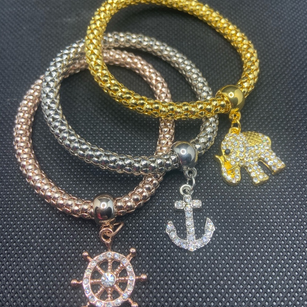 SET OF 3 DIAMOND MULTITONE CHARM BRACELETS